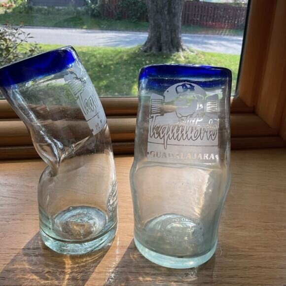 Bent Hand Blown Cobalt Blue Rim Set of 2 Tequilibrio Drinking Glasses - Picture 1 of 10